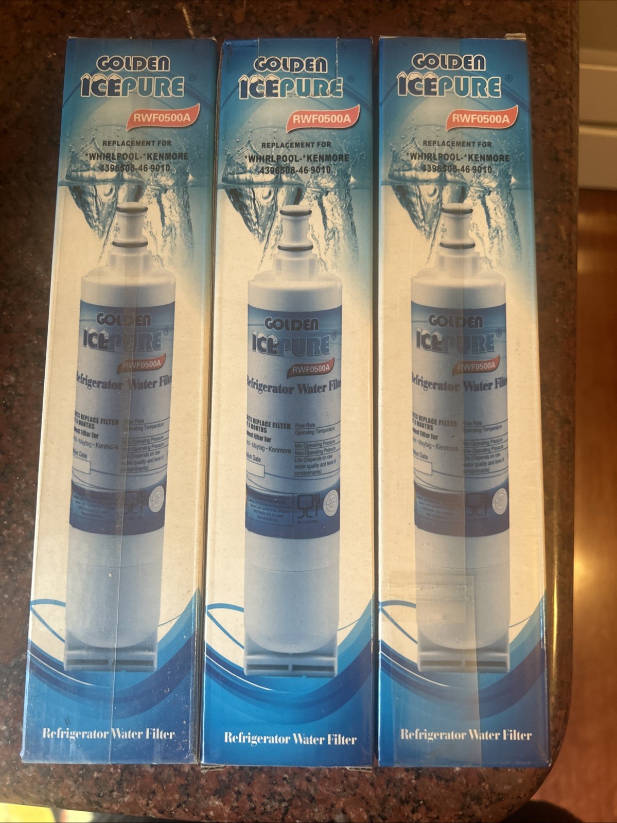 3 Golden Ice Pure Filters, Replacement For Whirlpool-Kenmore, Model RWF0500A