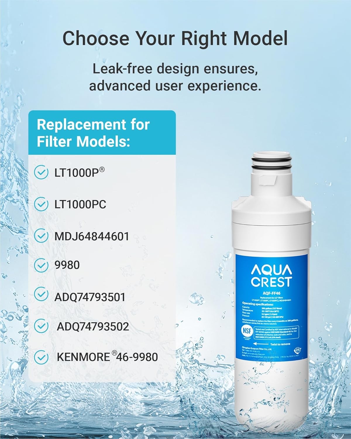 AQUA CREST ADQ747935 Refrigerator Water Filter, Replacement for LG® LT1000P®(4)