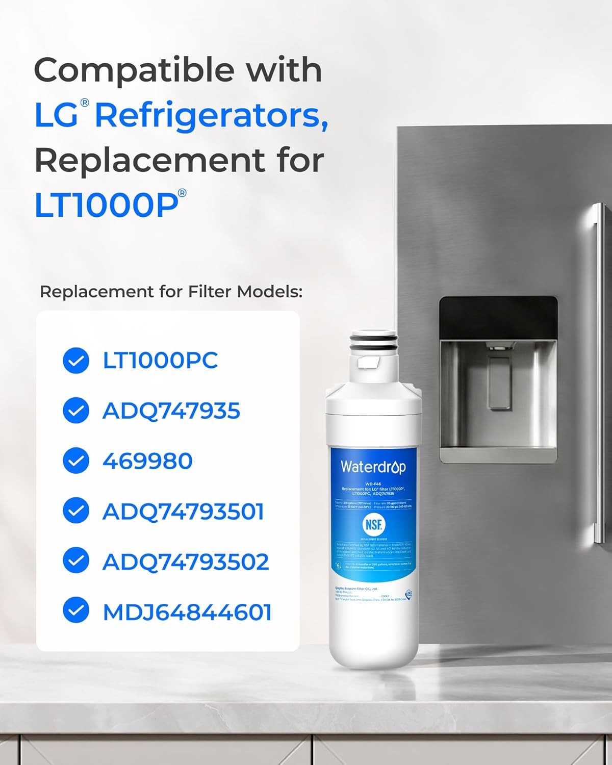 Waterdrop Refrigerator Water Filter Air Filter Replacement for LG® LT1000P®, (4)