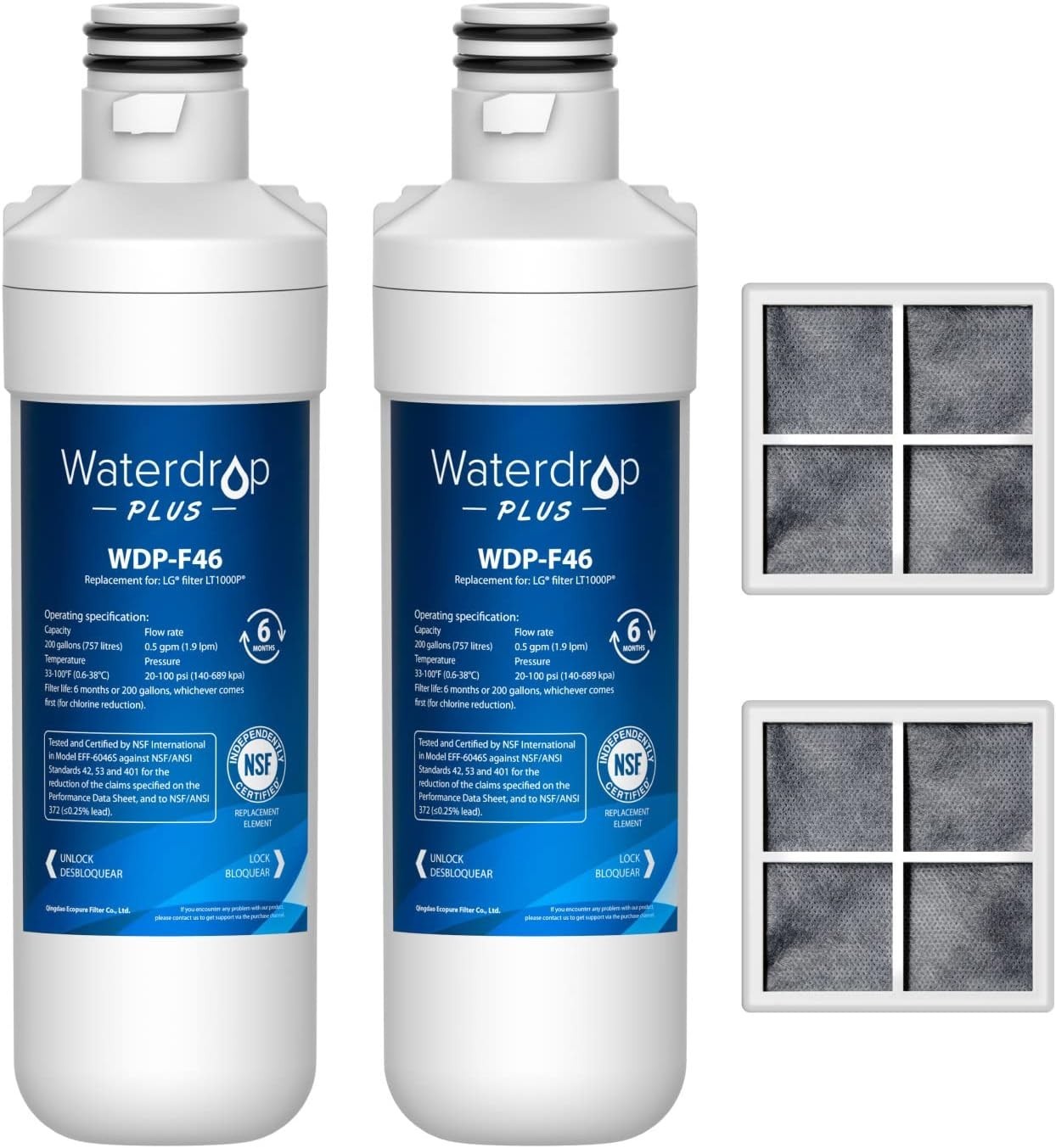 Waterdrop Plus Refrigerator Water Filter and Air Filter for LG® LT1000P®,2 Combo