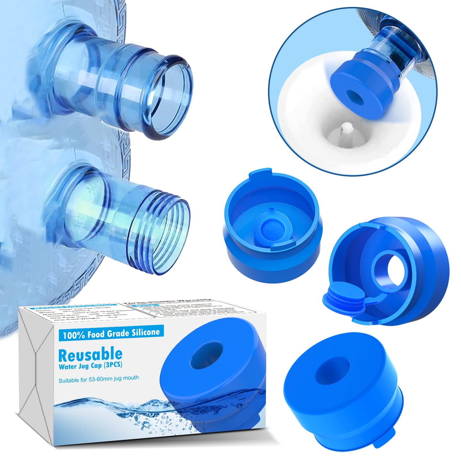 MYLOLF 3 & 5 Gallon Water Jug Cap, 3 Pack Reusable Food Grade Silicone Blue