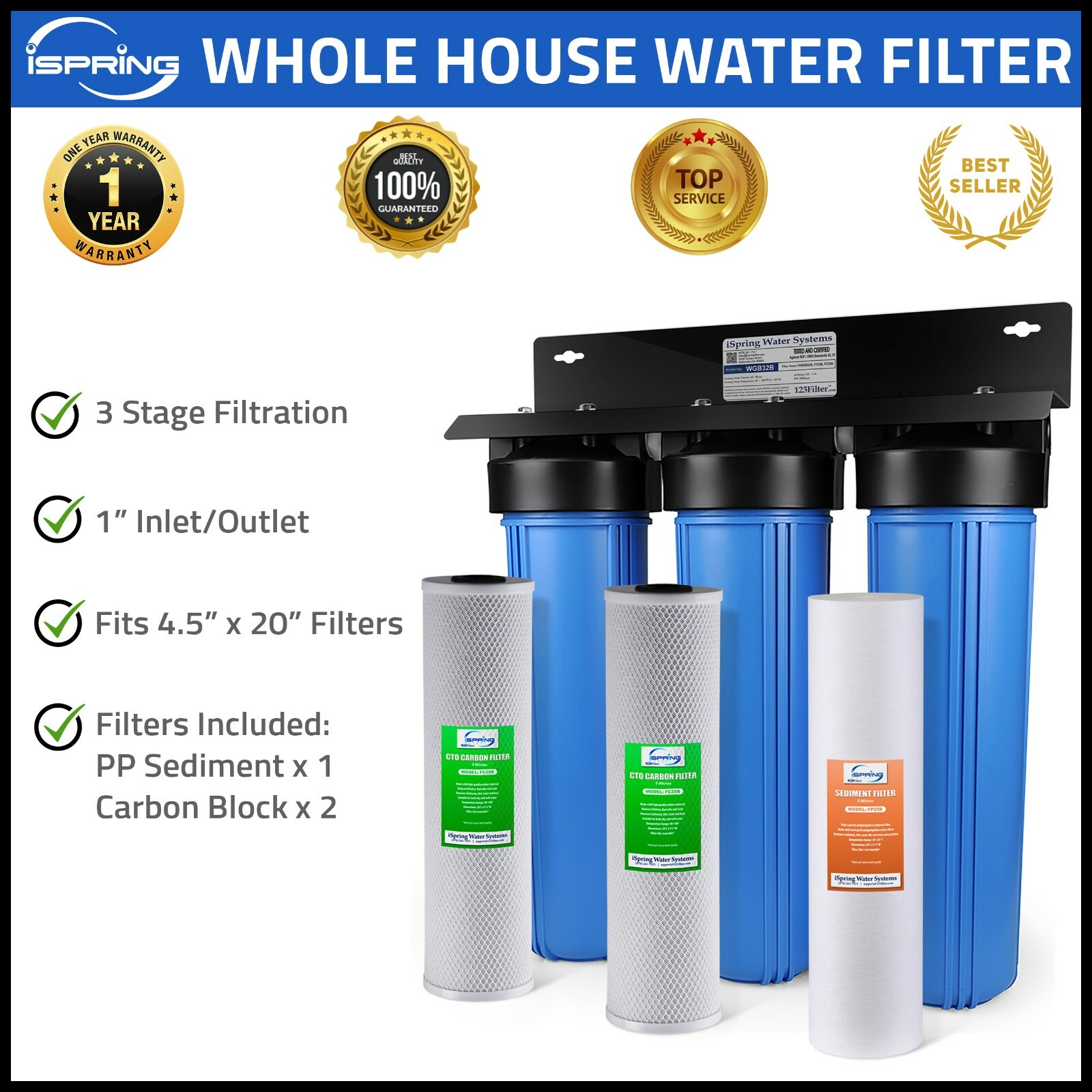 3 Stage iSpring Whole House Water Filter System Big Blue, 100,000 Gal Under Sink
