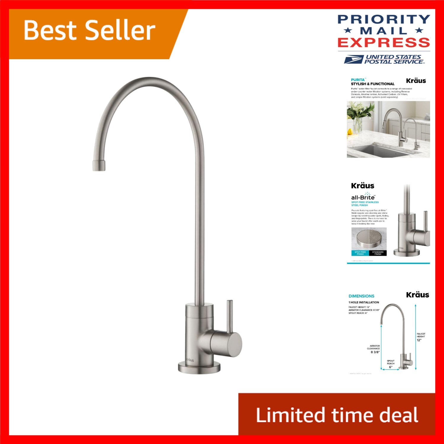 Contemporary 12-Inch Lead-Free Water Filter Faucet in Spot-Free Stainless Steel