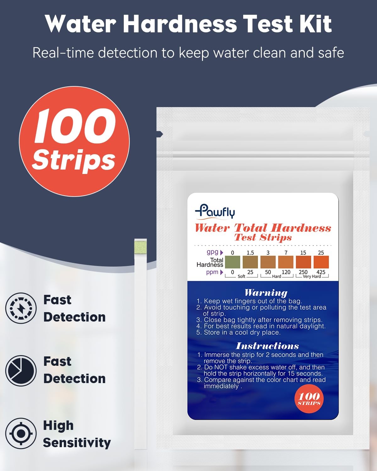 Water Hardness Test Kit Strips for Drinking Well Pool Spa 100 Count 1 Pack