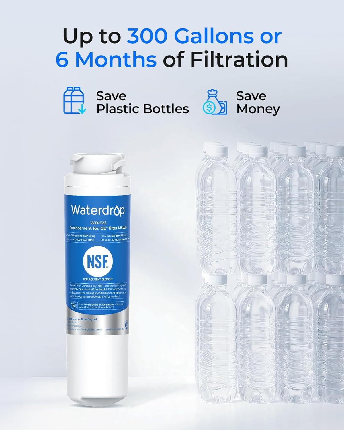 Waterdrop MSWF Refrigerator Water Filter, Replacement for GE® MSWF, Pack of 3