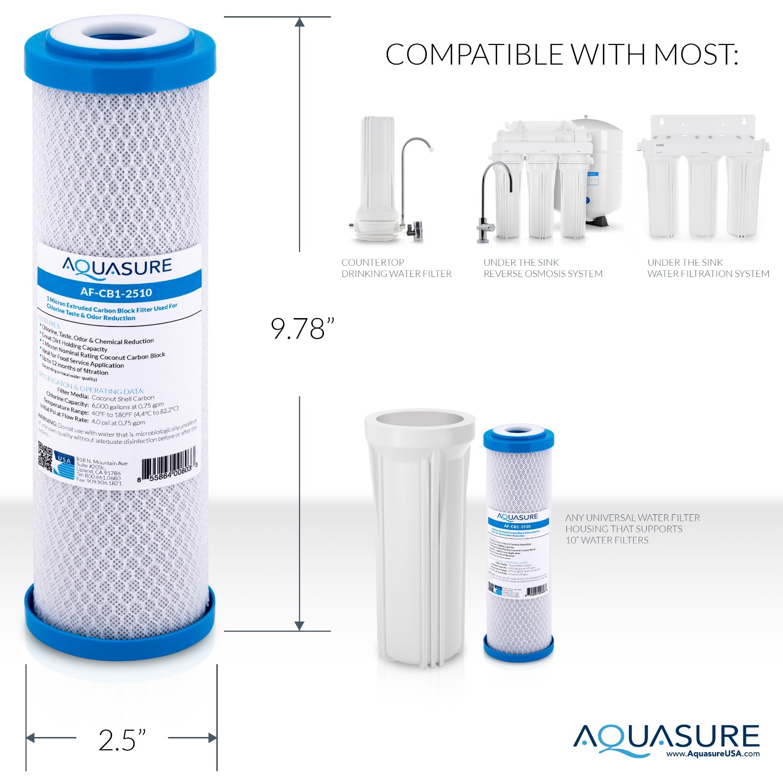 Aquasure Pioneer Series 1 Micron Coconut Shell Carbon Block Water Filter 10″