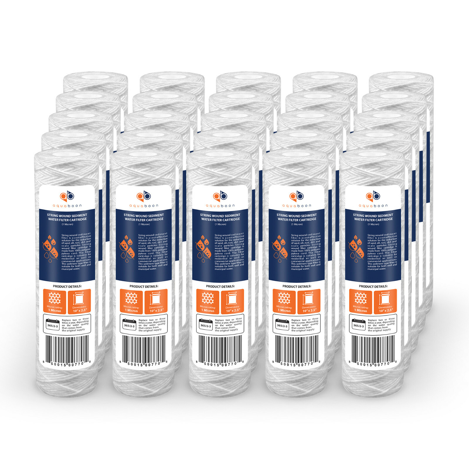 25-Pack of 1 Mic Wound String Sediment Water Filter Cartridges 10″x2,5″ for RO