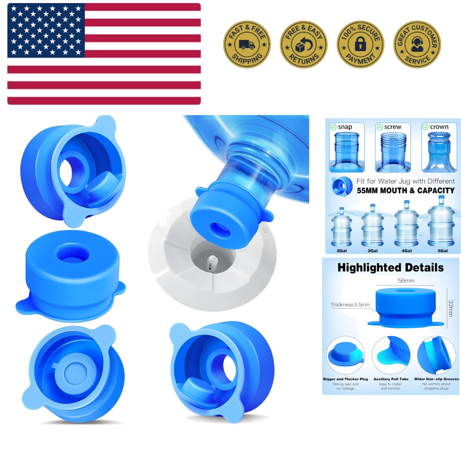 6 PCS] 3 & 5 Gallon Water Jug Cap – 55mm Food Grade Silicone Reusable Bottle …