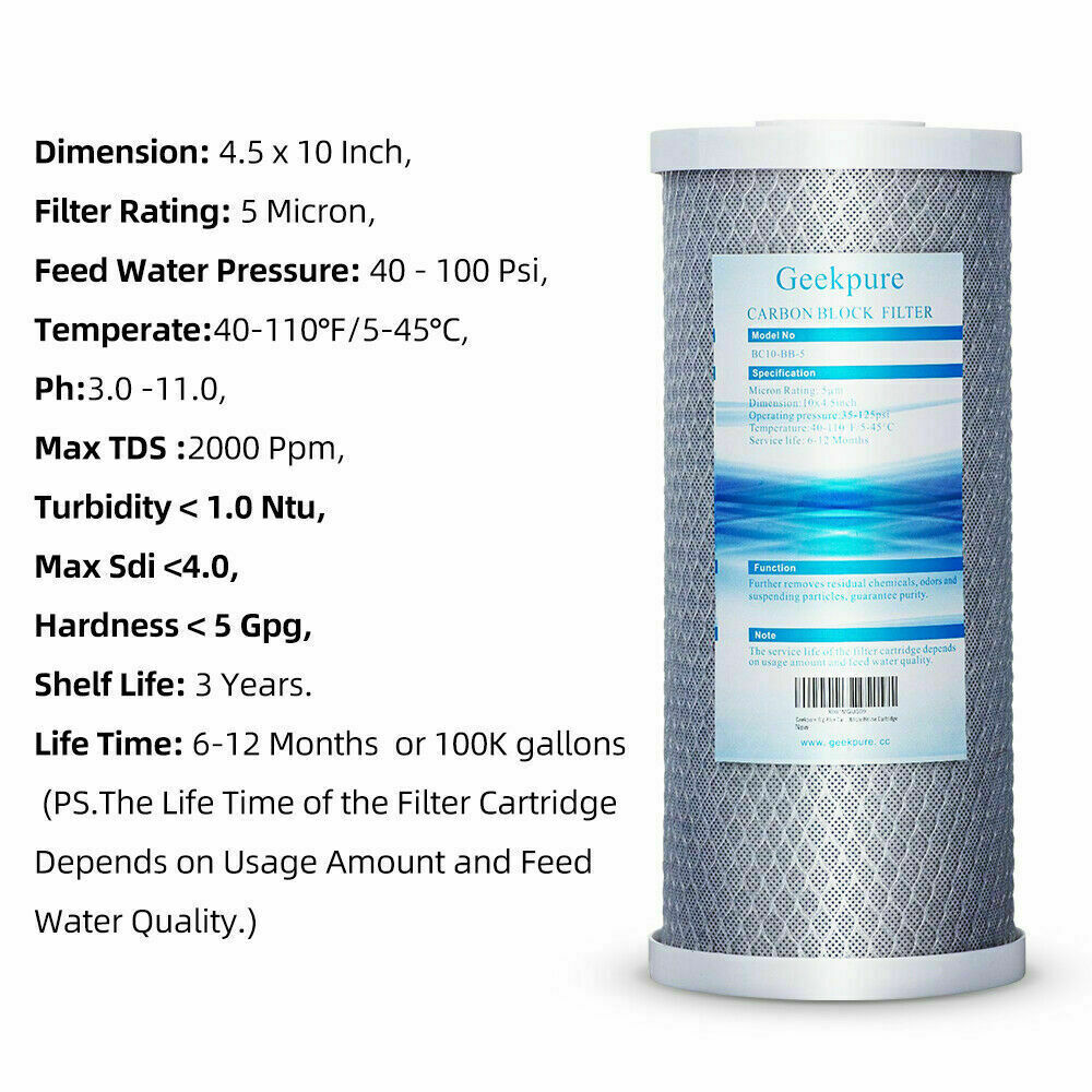 Geekpure Whole House PP Carbon Block Replacement Filters 5 Mic 4.5″ x 10″ Pack 4