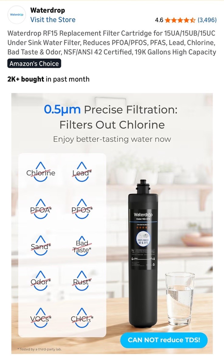 Waterdrop RF15 Replacement Filter Cartridge For 15UA, 15UB, 15UC For Under Sink