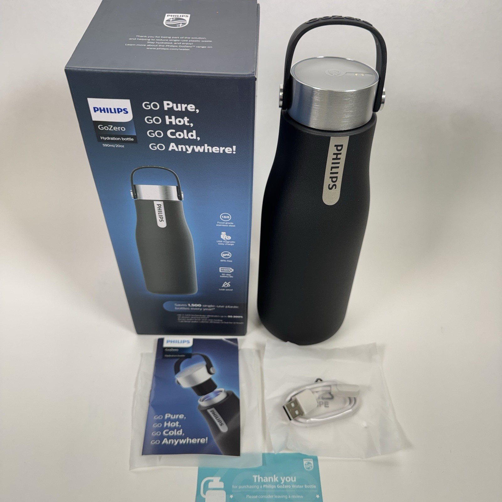 Philips Water GoZero UV Self-Cleaning Smart Water Bottle Vacuum Stainless Steel