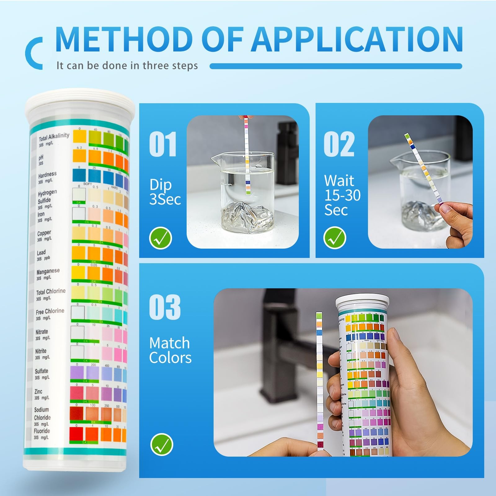 Accevo 20 in 1 Complete Drinking Water Test Kits, 125 Strips-Well, Tap, Blue