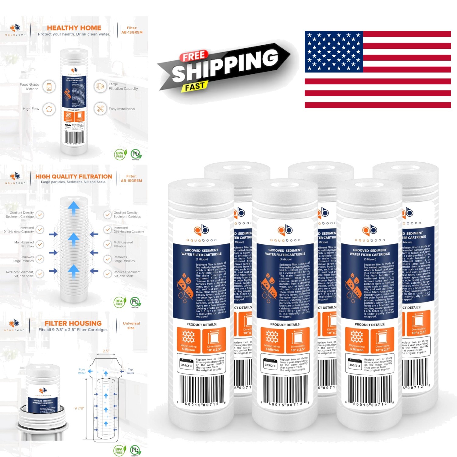 Whole House Water Filter Cartridge 10 x 2.5 Inch 5 Micron for Maximum Filtration