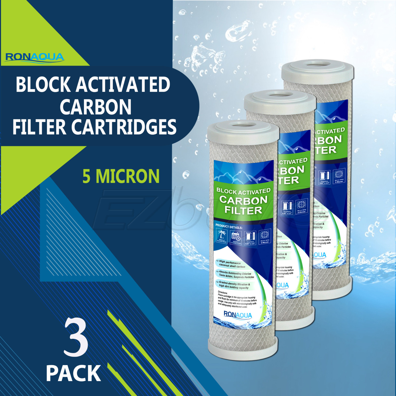 3PK- 9.875″ x 2.5″ Coconut Shell Carbon Block Water Filter for Whole house & RO