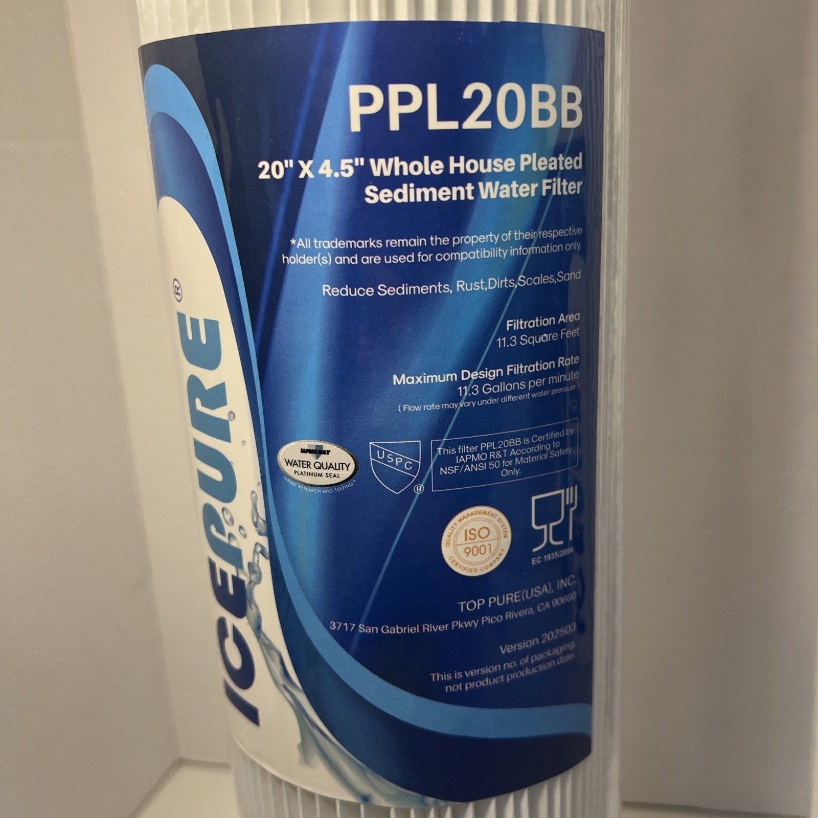 2PCS ICEPURE WHOLE HOUSE PLEATED SEDIMENT WATER FILTER REMOVES CHLORINE 20″X4.5″