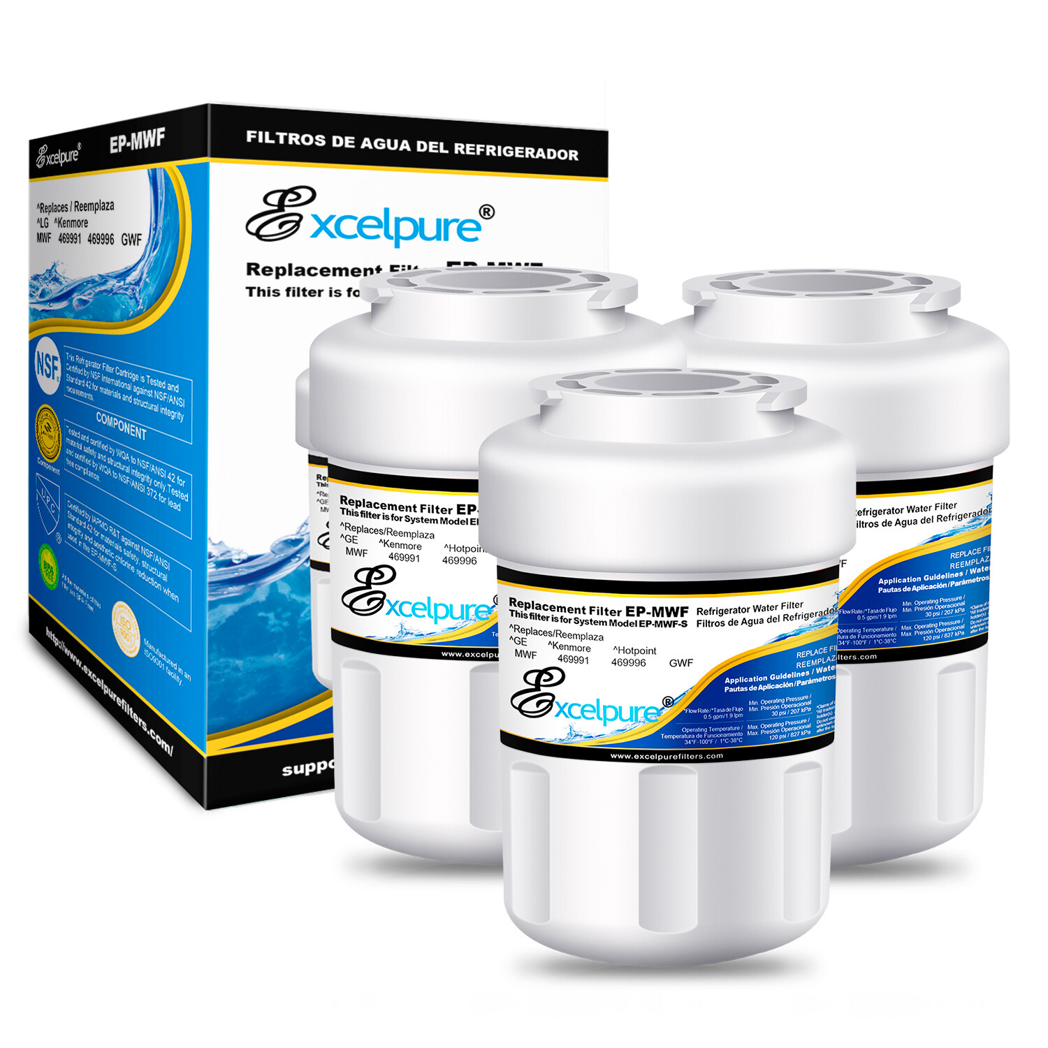 EXCELPURE Fit for GE mwf 46-9991 GSHS6LGBBHSS fl-rf13 r-9991 Water Filter 3Pack