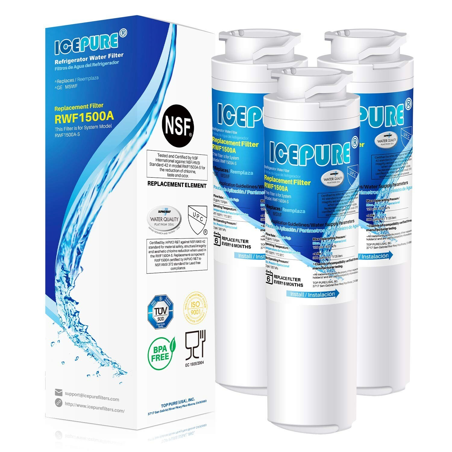MSWF Refrigerator Water Filter, made from premium BPA-free materials, 3PACK