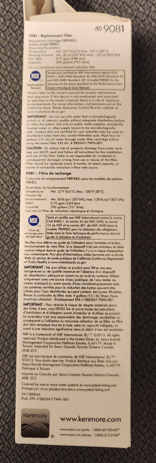 Kenmore 9081 Refrigerator Water Filter – White, new in sealed box, — Lot 2422