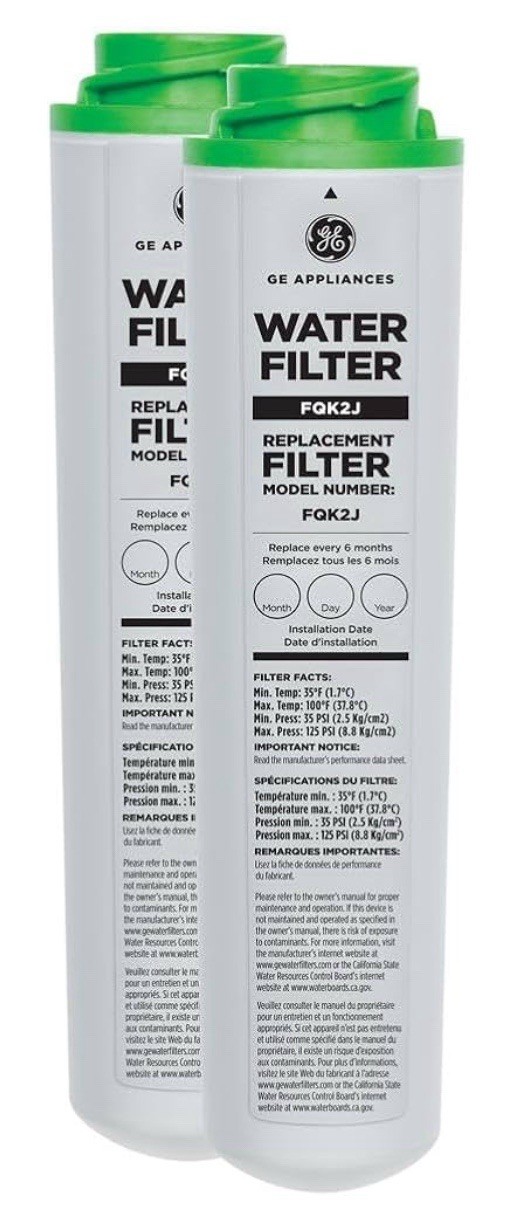2 PACK GE FQK2J Under Sink Dual Flow Drinking Replacement Water Filter USA