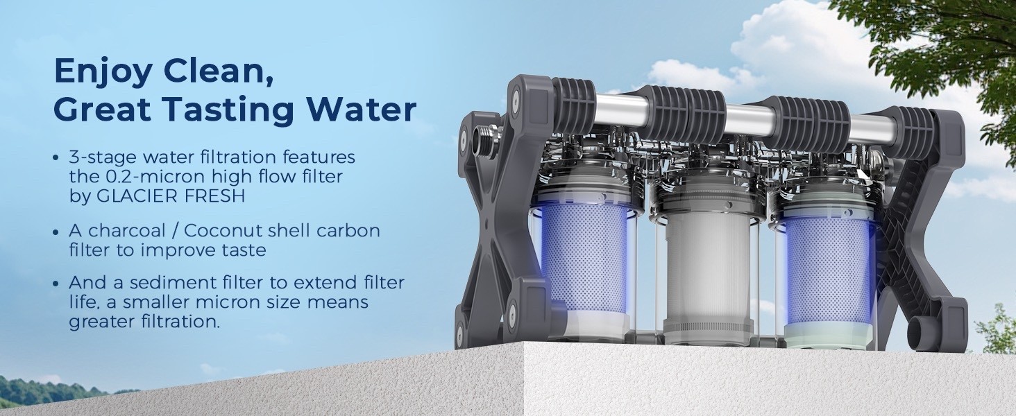Glacier Fresh RV Water Filter System, 0.2 μm, 5 Inch Filter, 3-Stage Filtration
