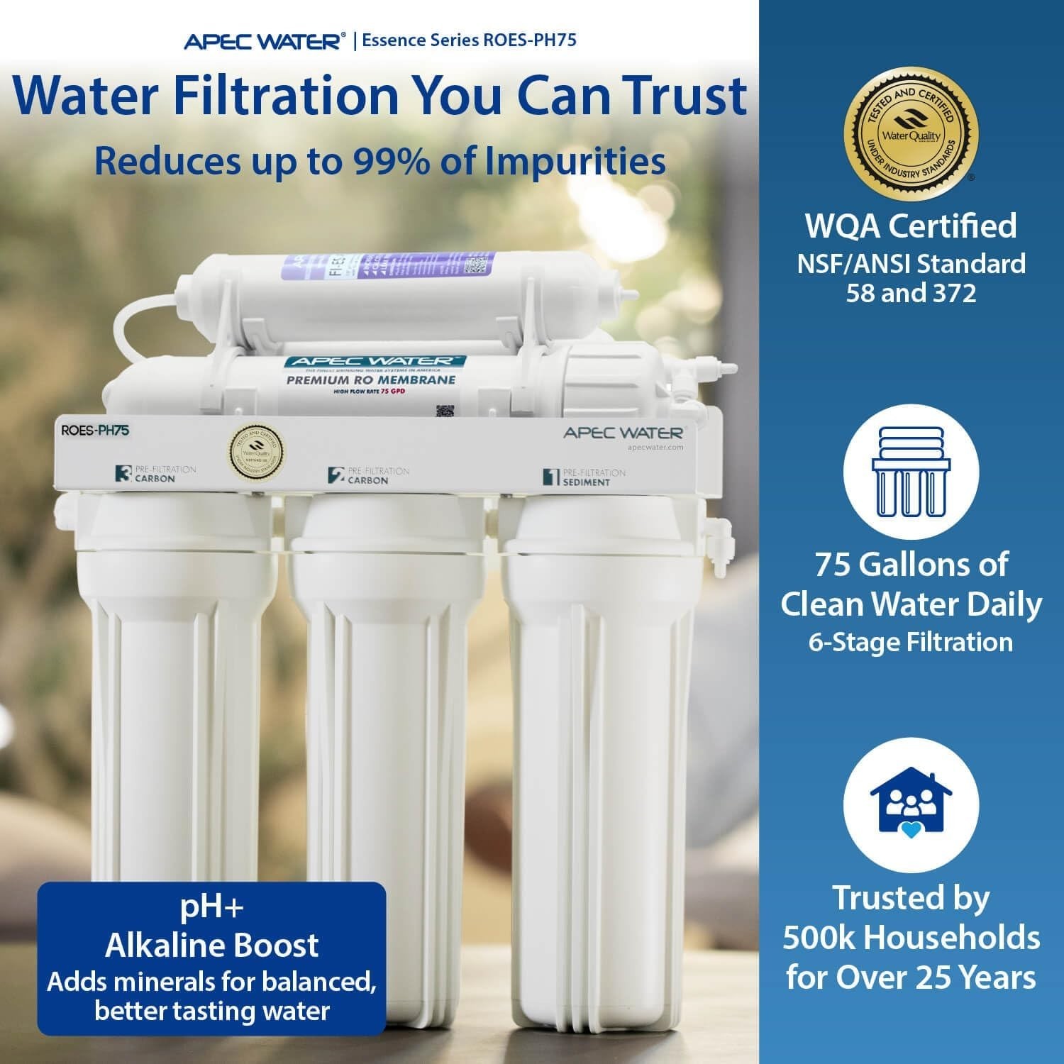 6-Stage Under Sink RO System, Alkaline, 75 GPD | NSF Certified 372 & 58, Redu…