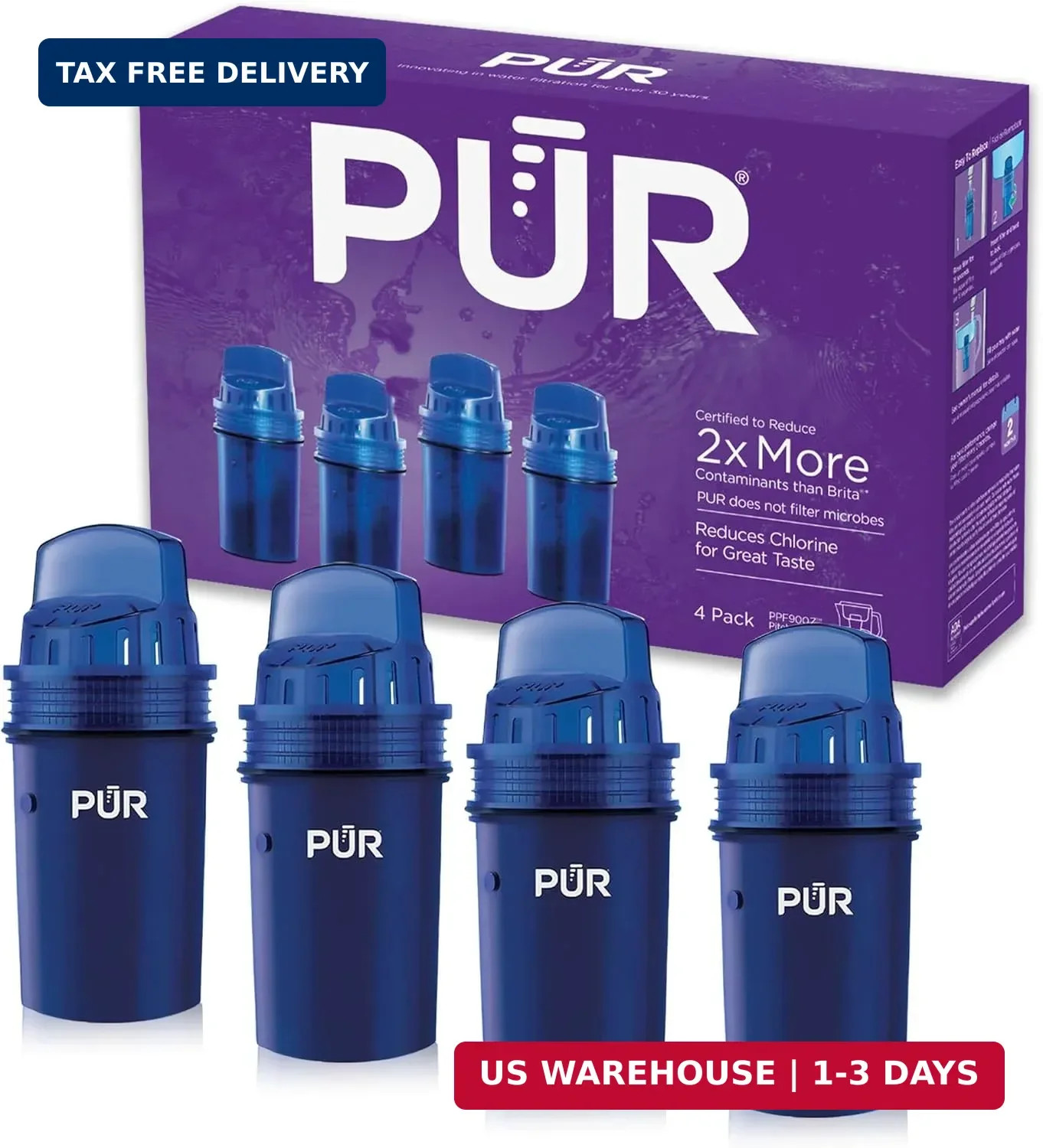 PUR Water Pitcher & Dispenser Replacement Filter 4-Pack, Genuine PUR Water Filte