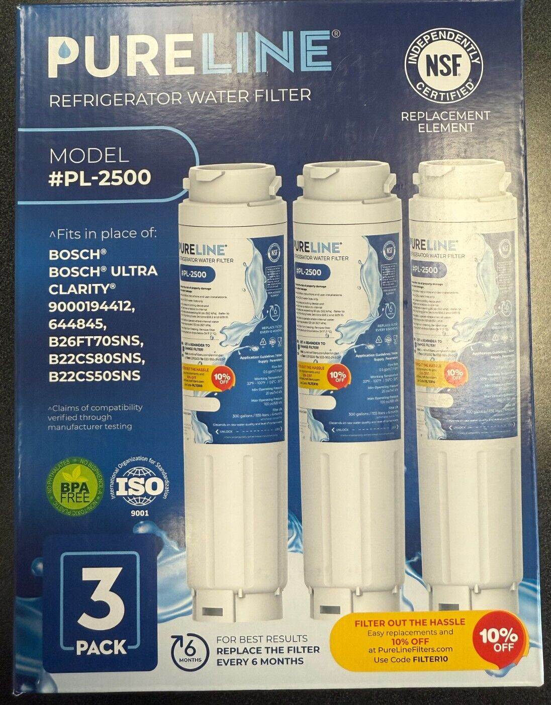 3 PACK *NEW* Pureline PL-2500 Refrigerator Water Filter For BOSCH HAIER MIELE