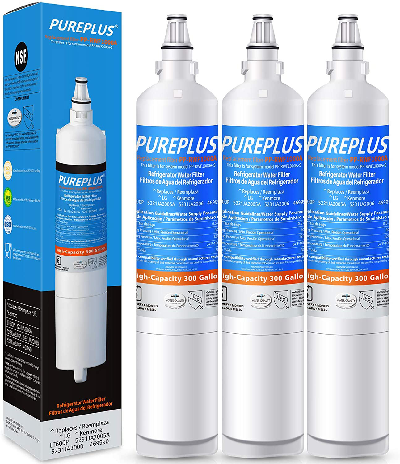 3Pcs Refrigerator Water Filter for LG LT600P Kenmore 469990, 5231JA2006A/JA2006B
