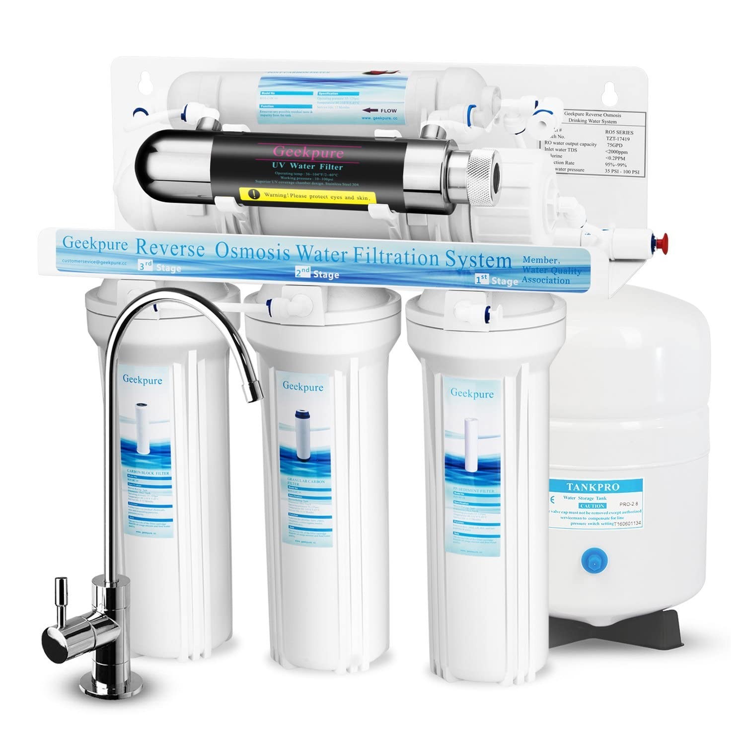 Stage Reverse Osmosis RO Drinking Water Filter System with UV Filter-75GPD