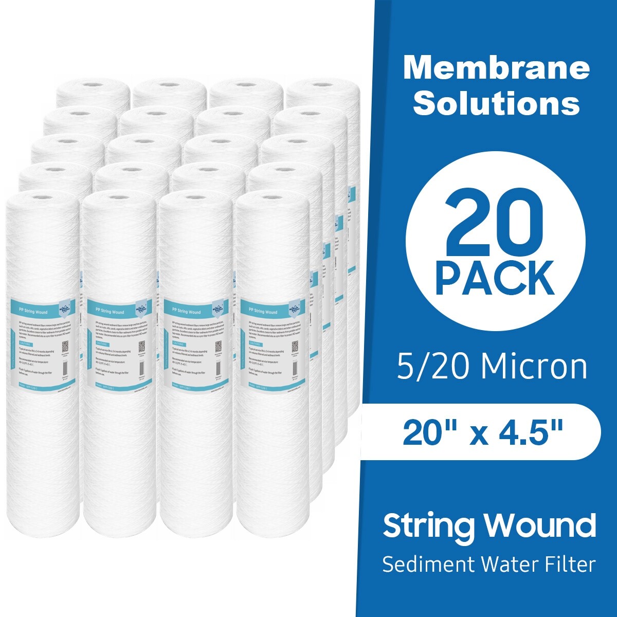 20 Pack 5/20 Micron 20″ x 4.5″ String Wound Whole House PP Sediment Water Filter