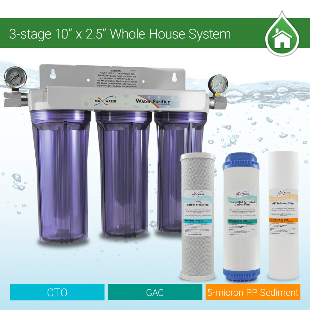 3 Stage Whole house water Sediment Carbon Filter + 2 Dry Pressure Gauges