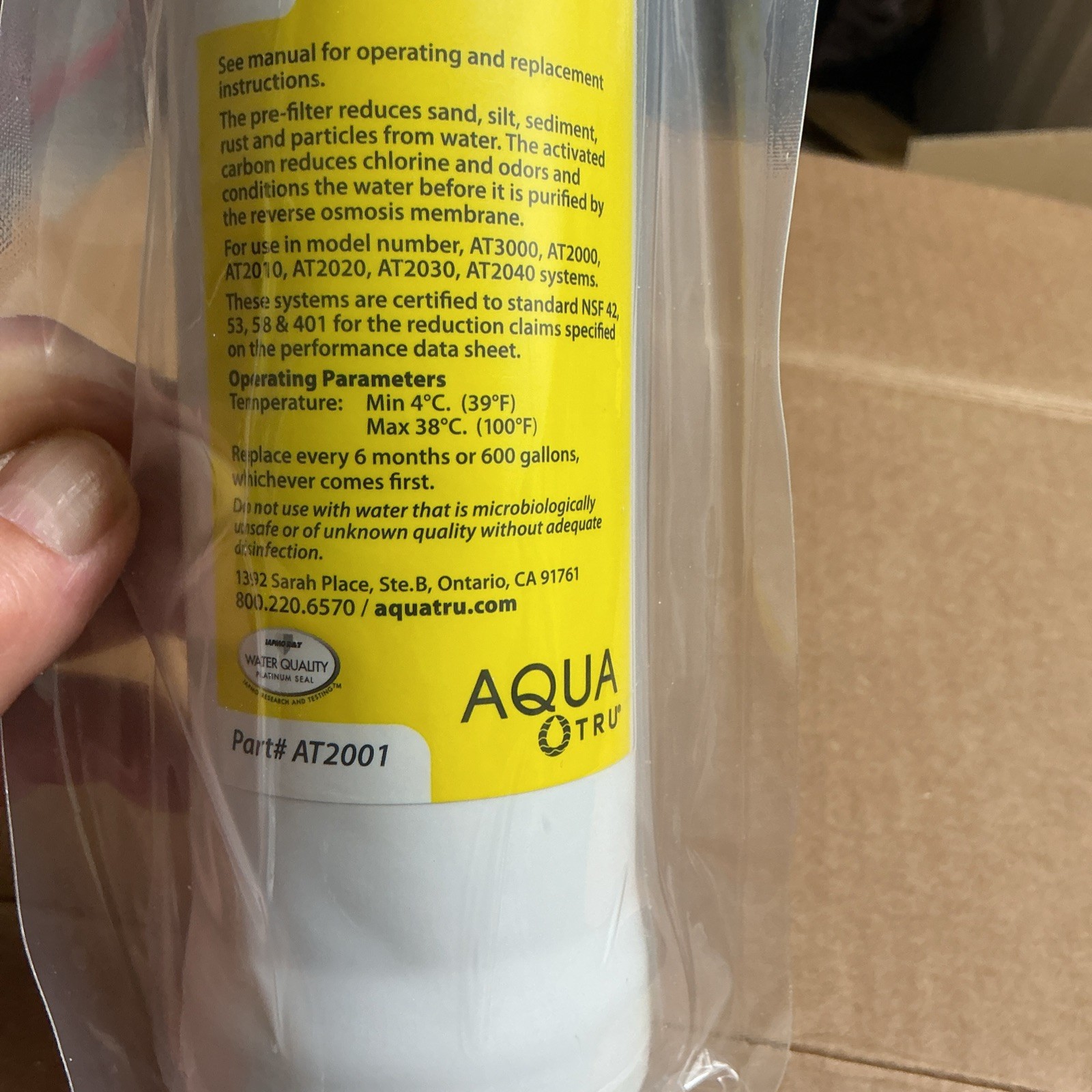 AquaTru Replacement Pre/Carbon Water Filter Stages 1-2 NWB Part AT2001