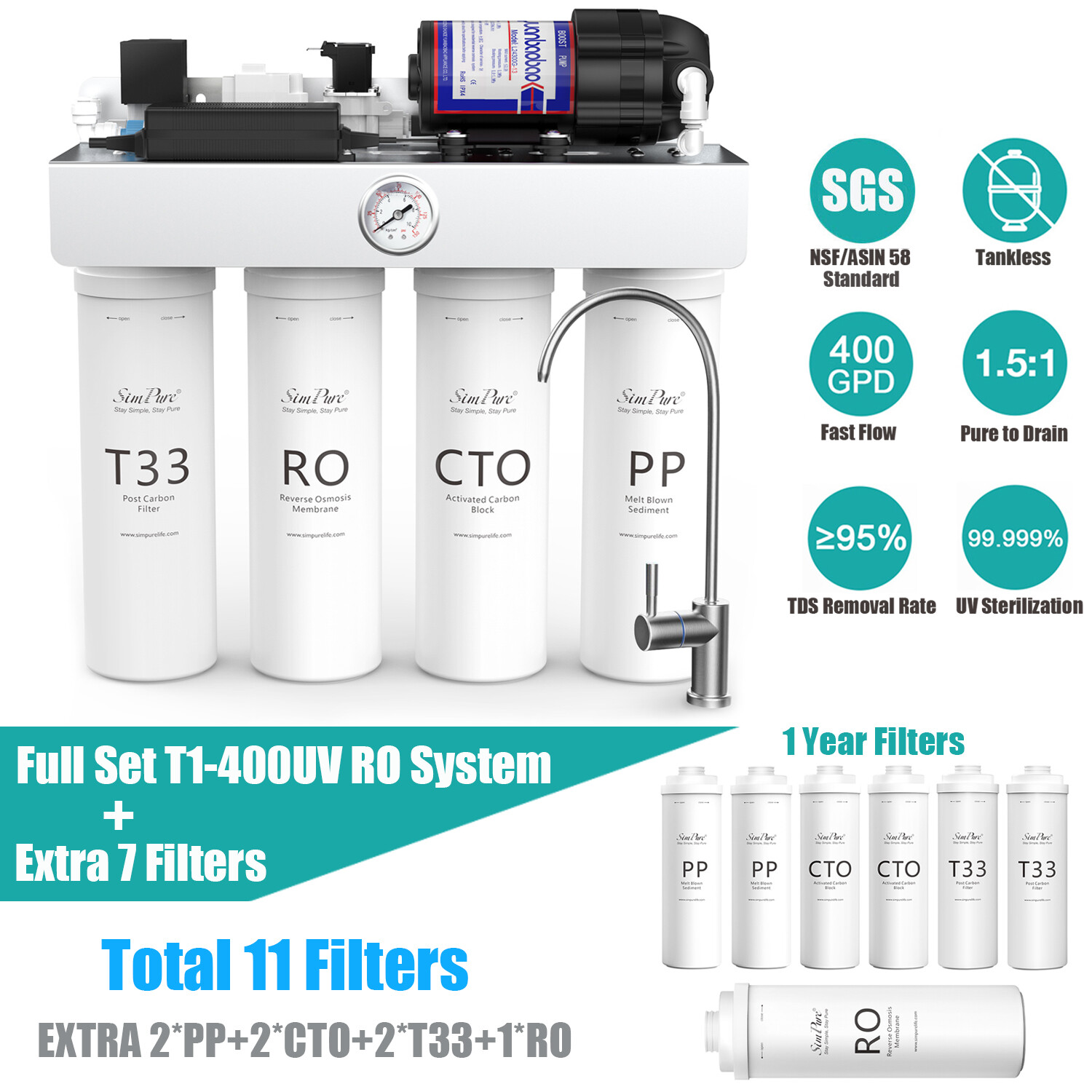 T1-400GPD 8 Stage UV Tankless Reverse Osmosis RO Water Filter System +11*Filters