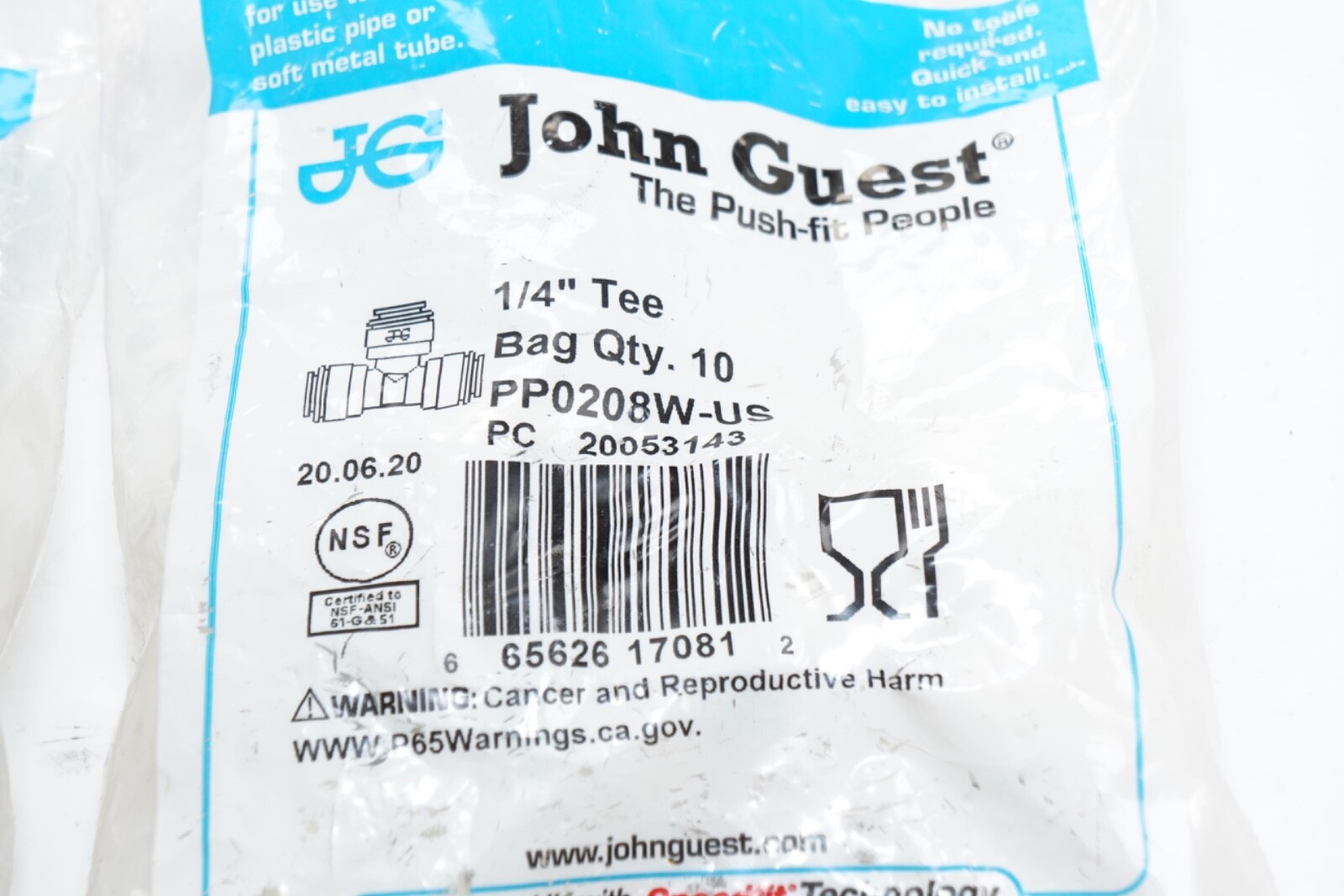 New 20 Pack John Guest 1/4 in Polypropylene Push-To-Connect Tee PP0298W-US