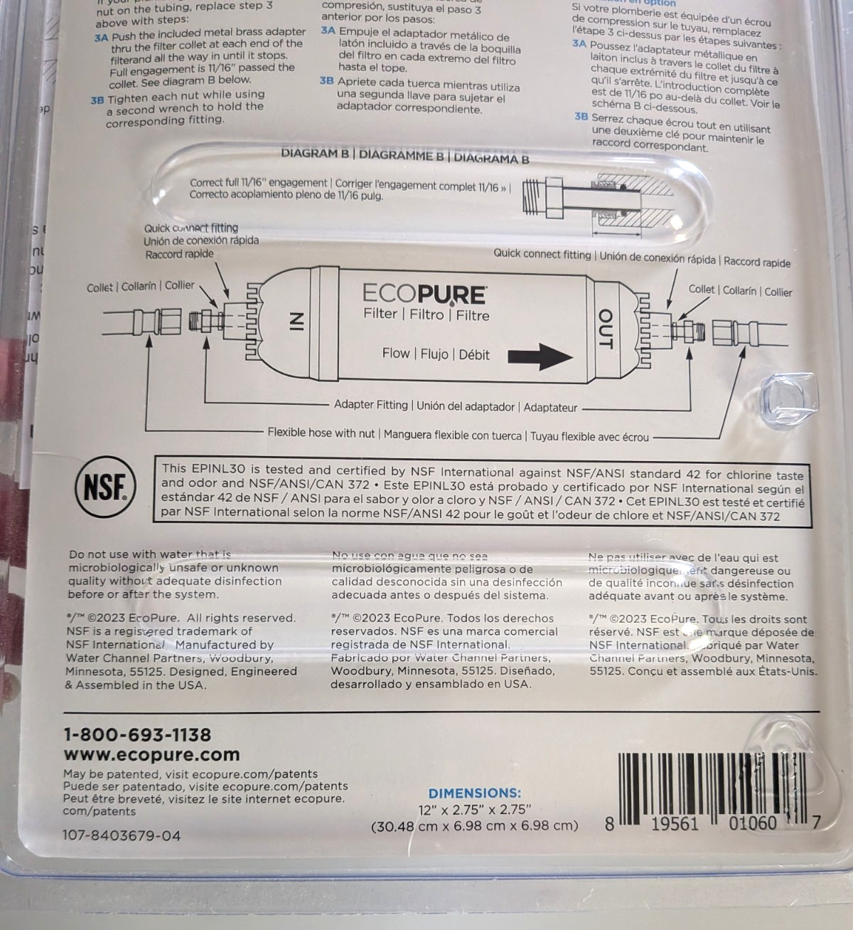 NEW EcoPure EPINL30 Water Filter 5 Year In-line Refrigerator Filter