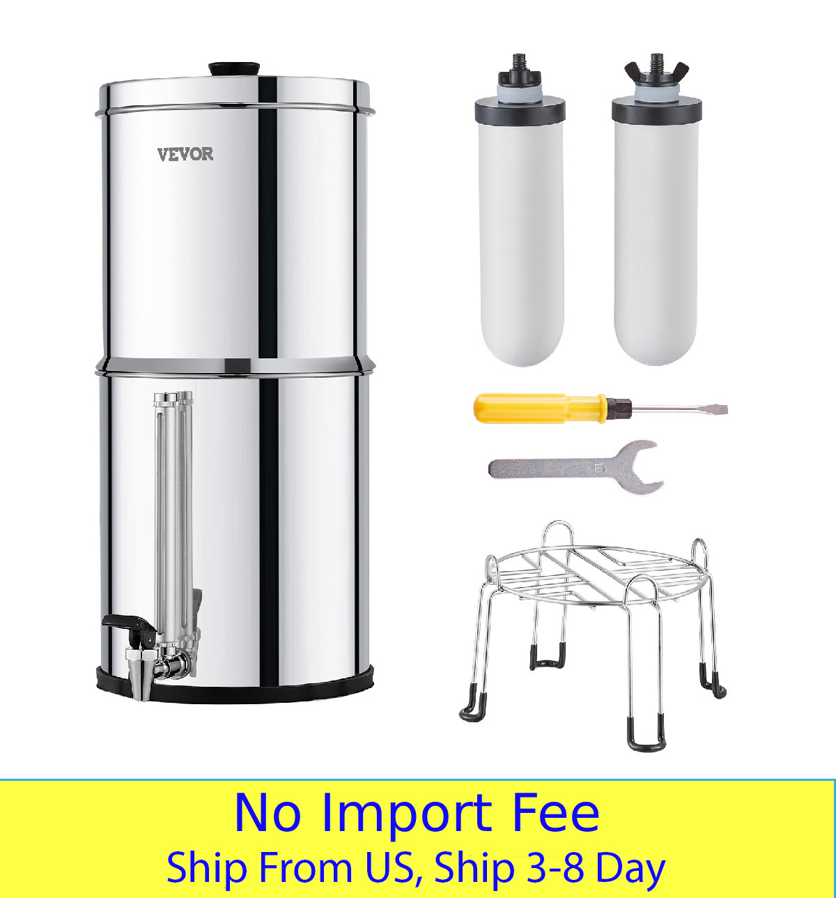 2.25 Gal Gravity Fed Water Filter Stainless Steel Countertop 2 Filters Purifier