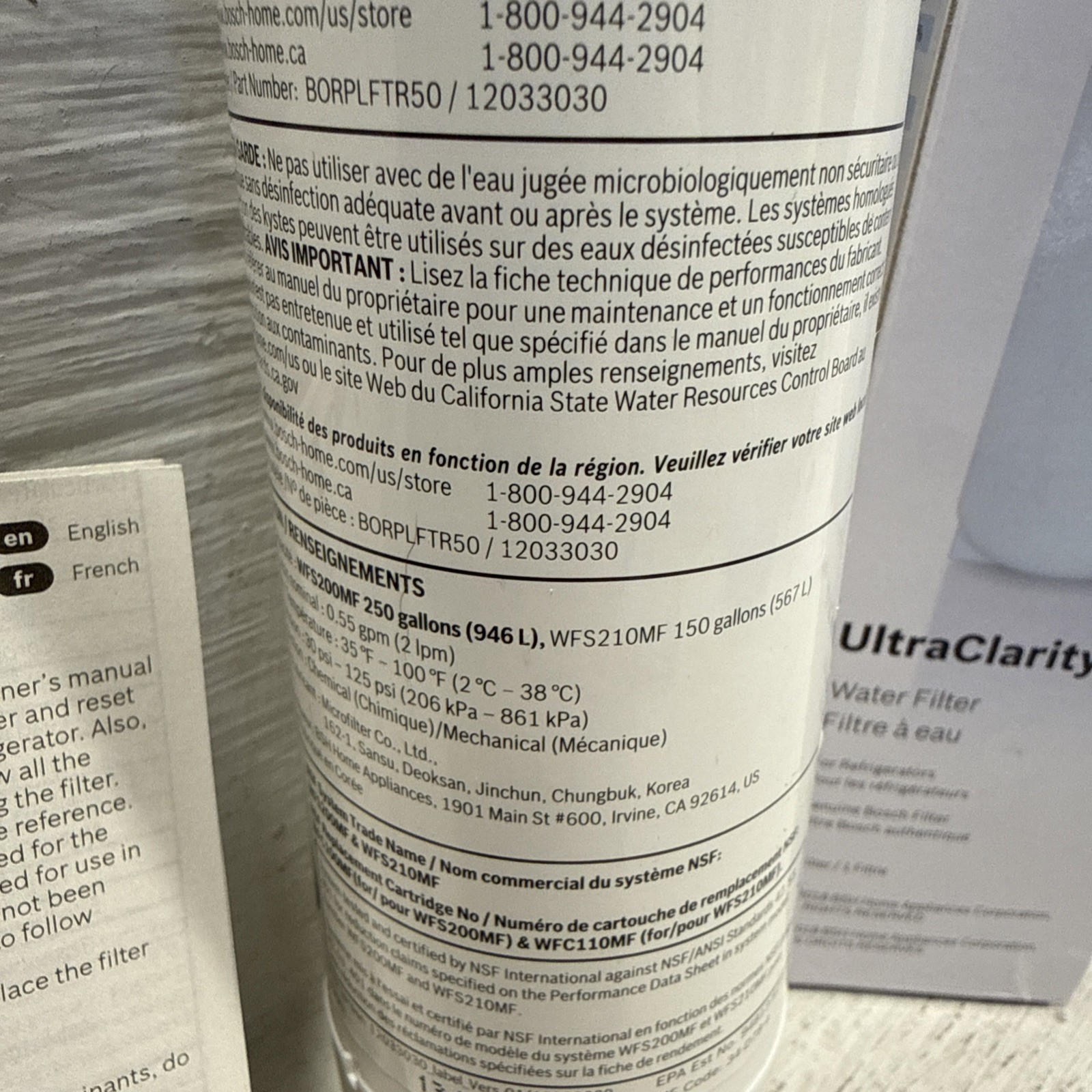 Bosch Ultra Clarity Pro 1 Pack BORPLFTR50 Water Filter Blue #WFS200MF/WFS210MF