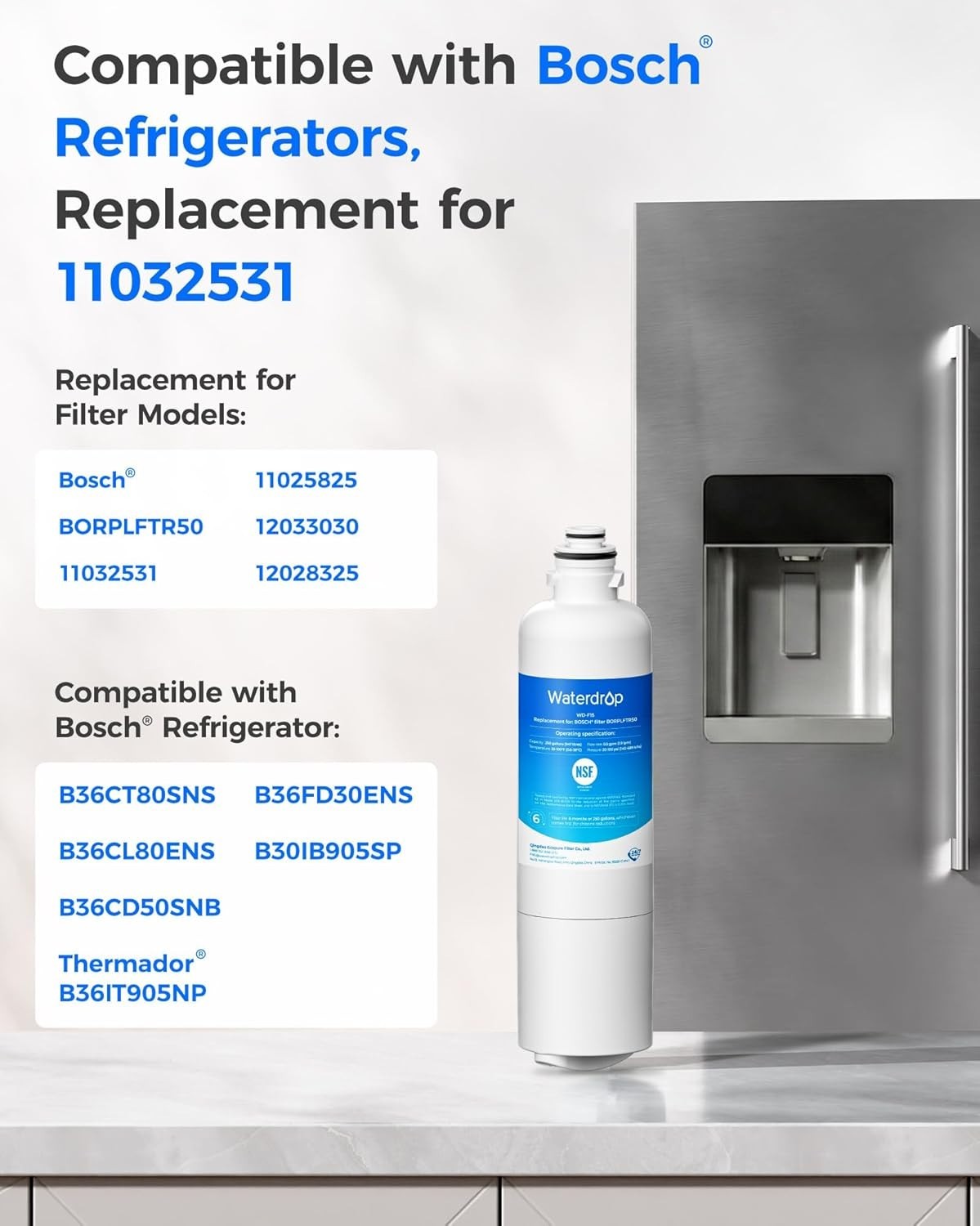Waterdrop Refrigerator Water Filter Replacement for Bosch® Ultra Clarity®, (3)