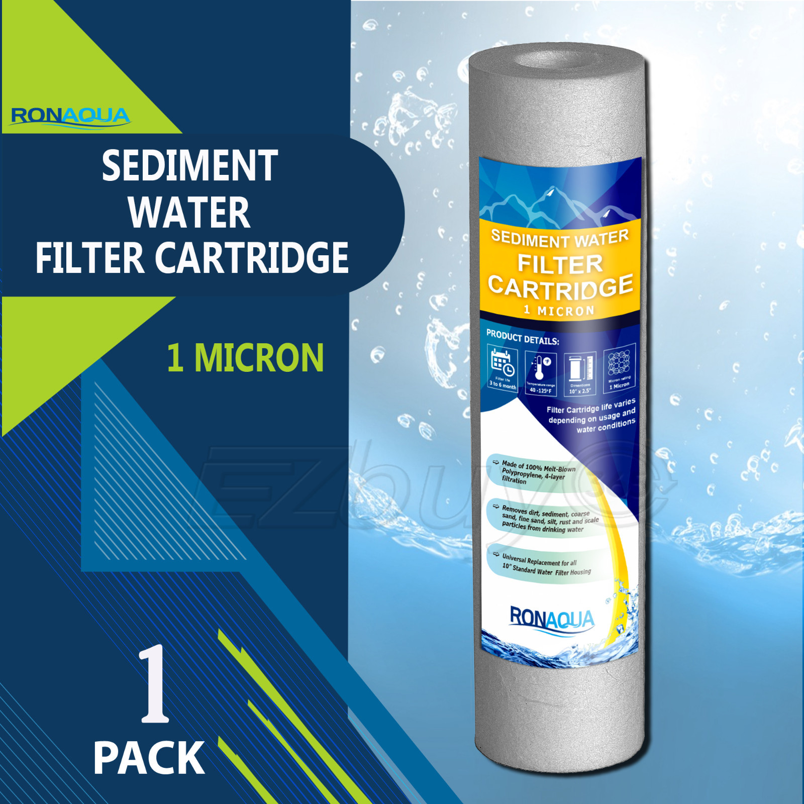 Sediment 1 Micron Water Filter Cartridge 2.5″ x 10″ for Reverse Osmosis