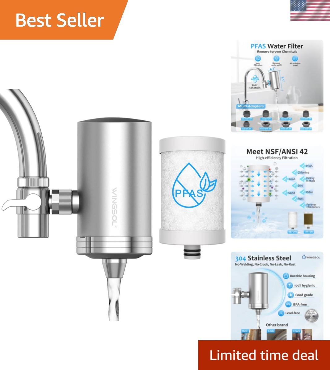 Stainless Steel Water Filter for Sink Faucet, NSF/ANSI 42, 360° Rotating Tap …