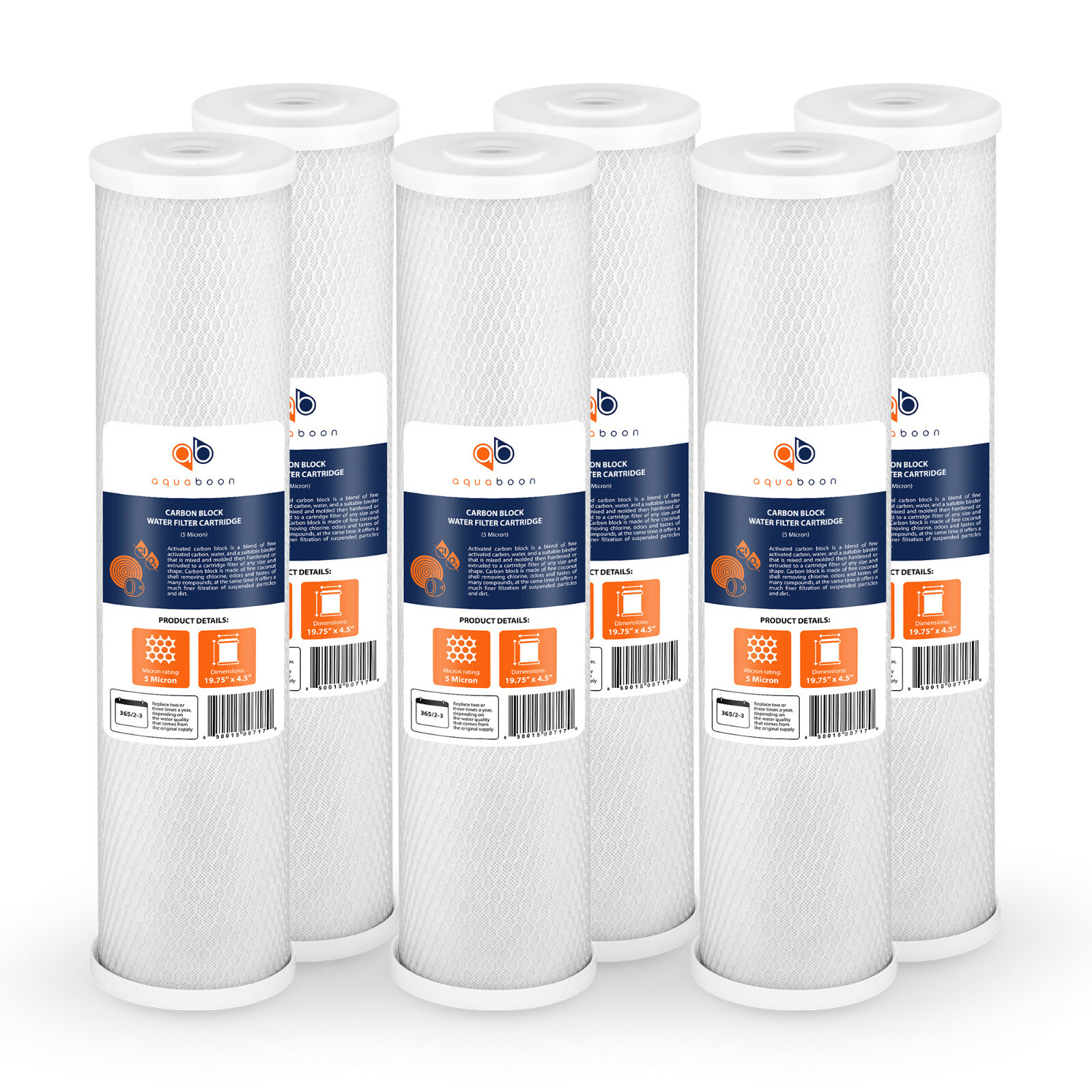 6PK of Aquaboon Big Blue 5µm Coconut Shell Carbon Block Water Filter 20″x4.5″