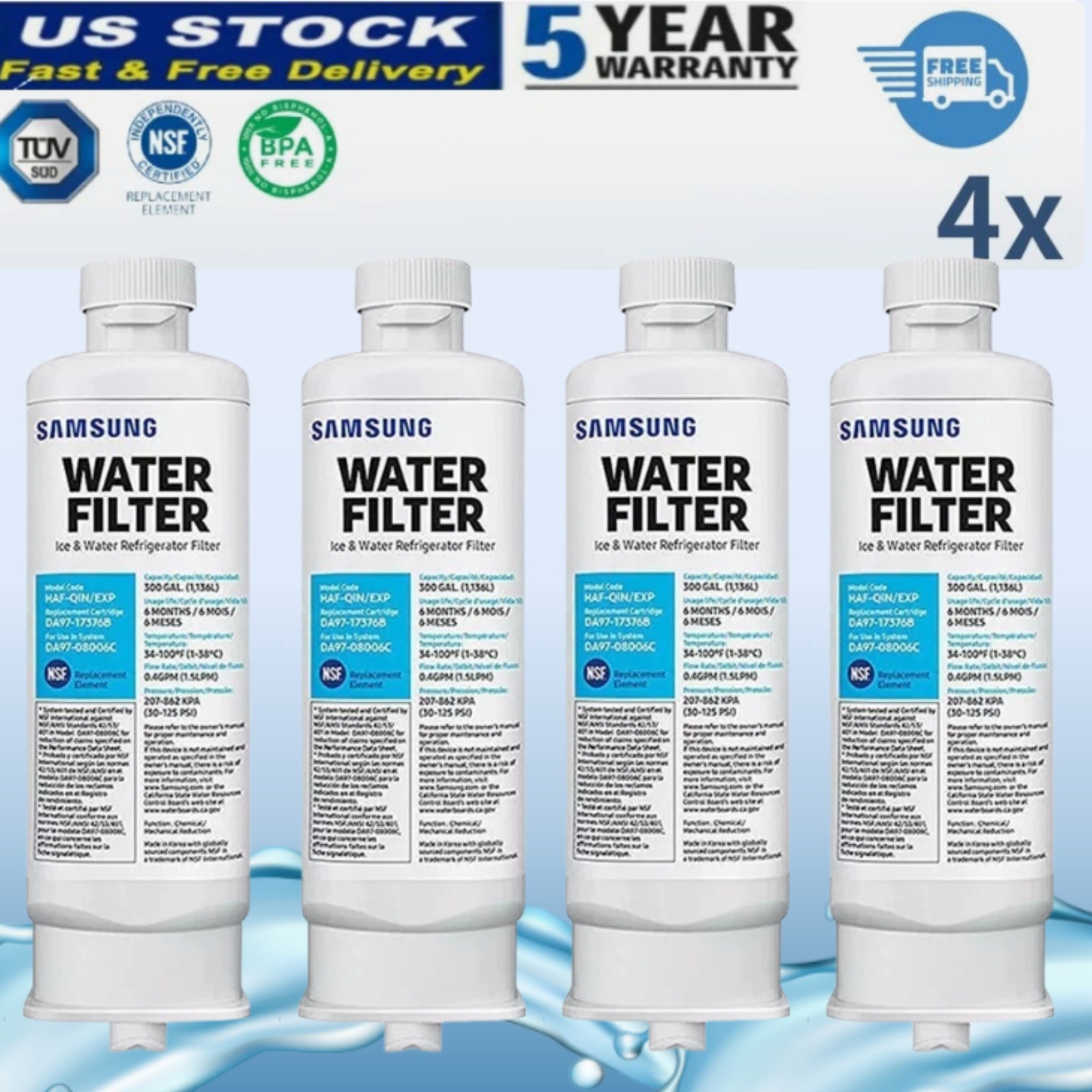 4 PACK for Samsung DA97-17376B HAF-QIN/EXP REFRIGERATOR Water Filter DA97-08006C