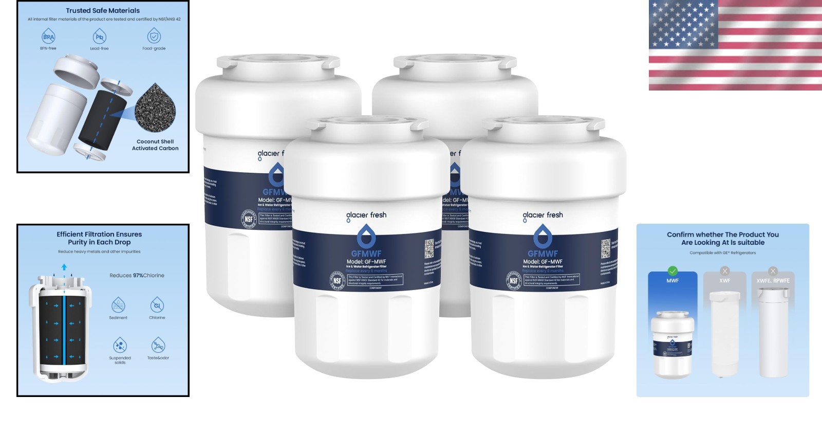 Replacement Refrigerator Filter 4 Count Easy Install Compatible with Many Brands