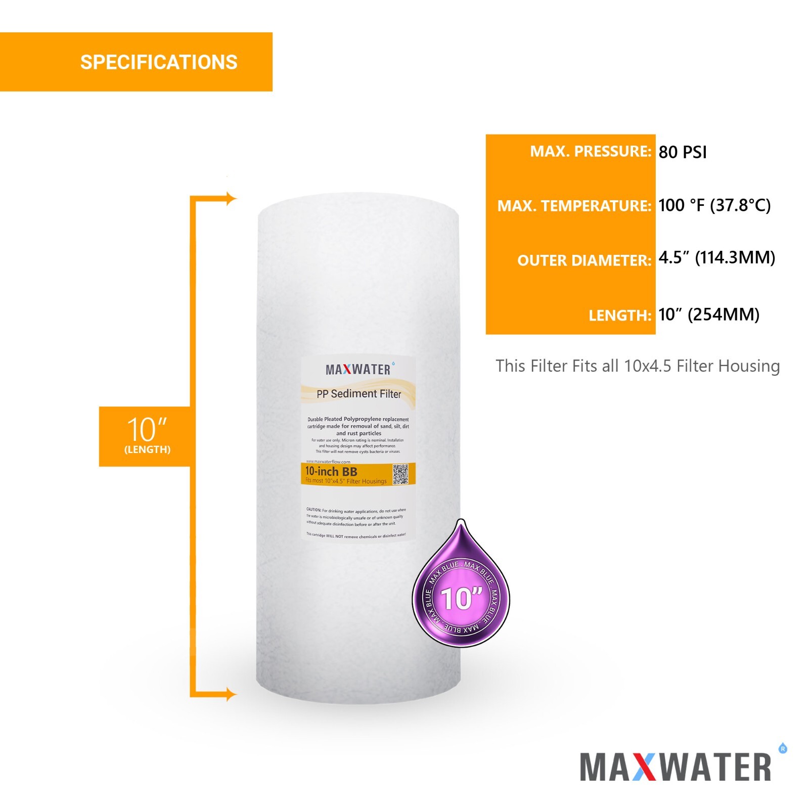 4-PACK of Max Water Sediment Water Filter Whole House Big Blue 1 Micron 10″x4.5″