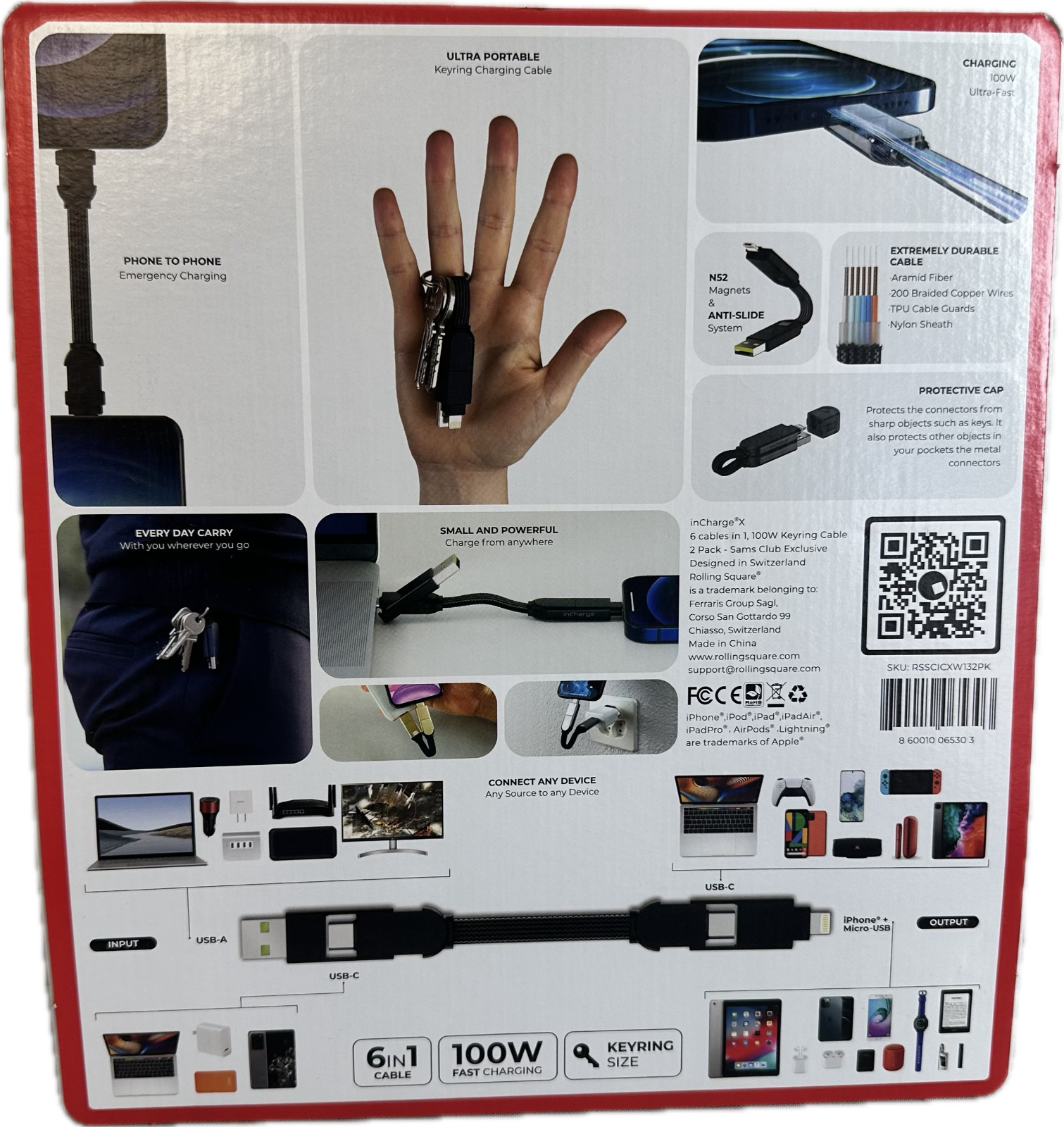 Rolling Square inChargeX 2Pack 100 Watt Swiss Army Knife Of Cables Key (New)