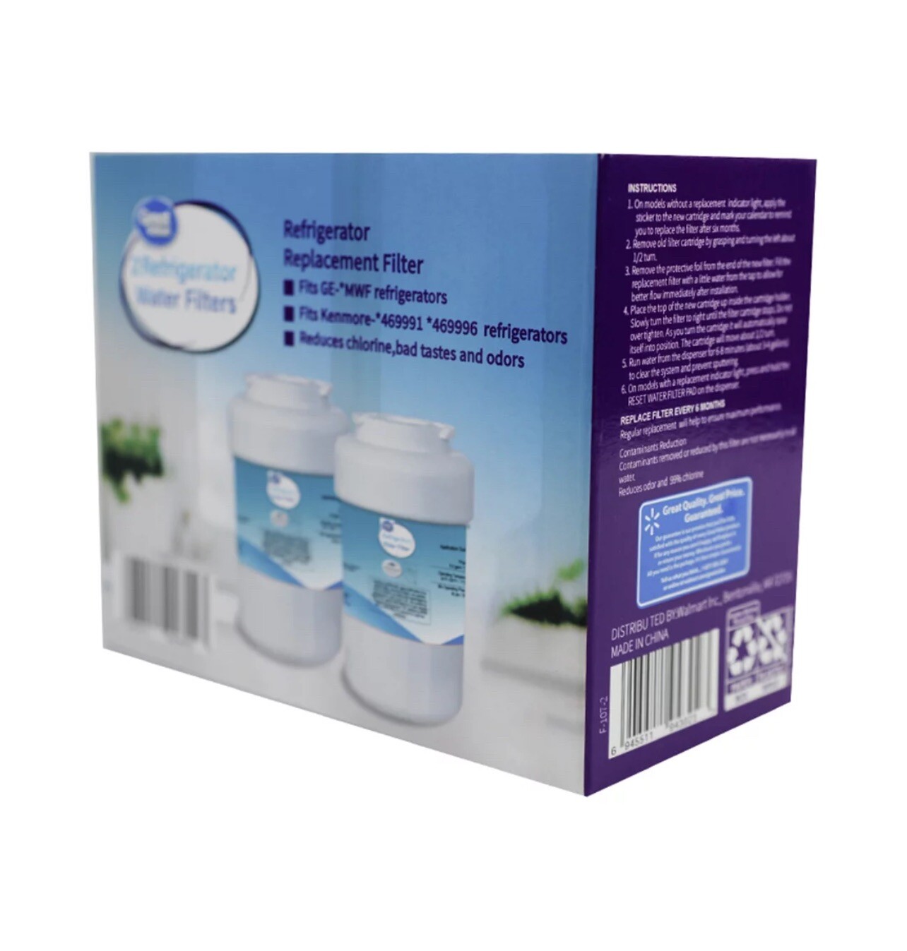 Great Value F-107-2 Refrigerator Water Filters Two Pack GE, 3.54” Height, 300gal