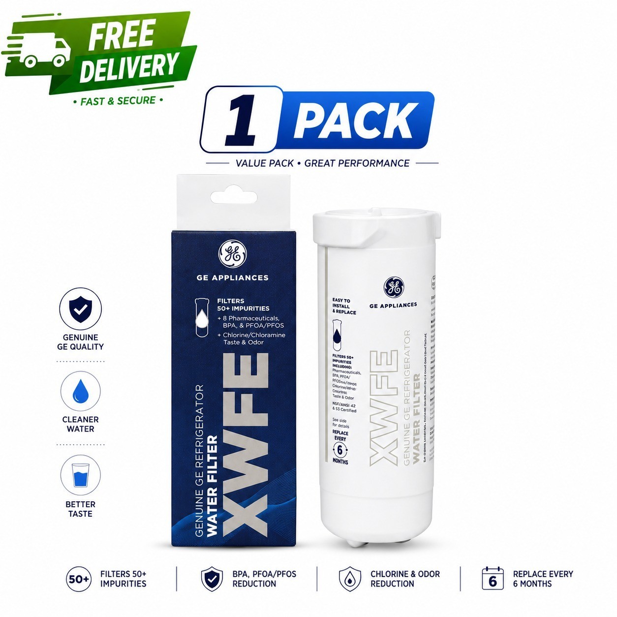 Genuine GE XWFE Refrigerator Water Filter Replacement without chip 1 pack (New)