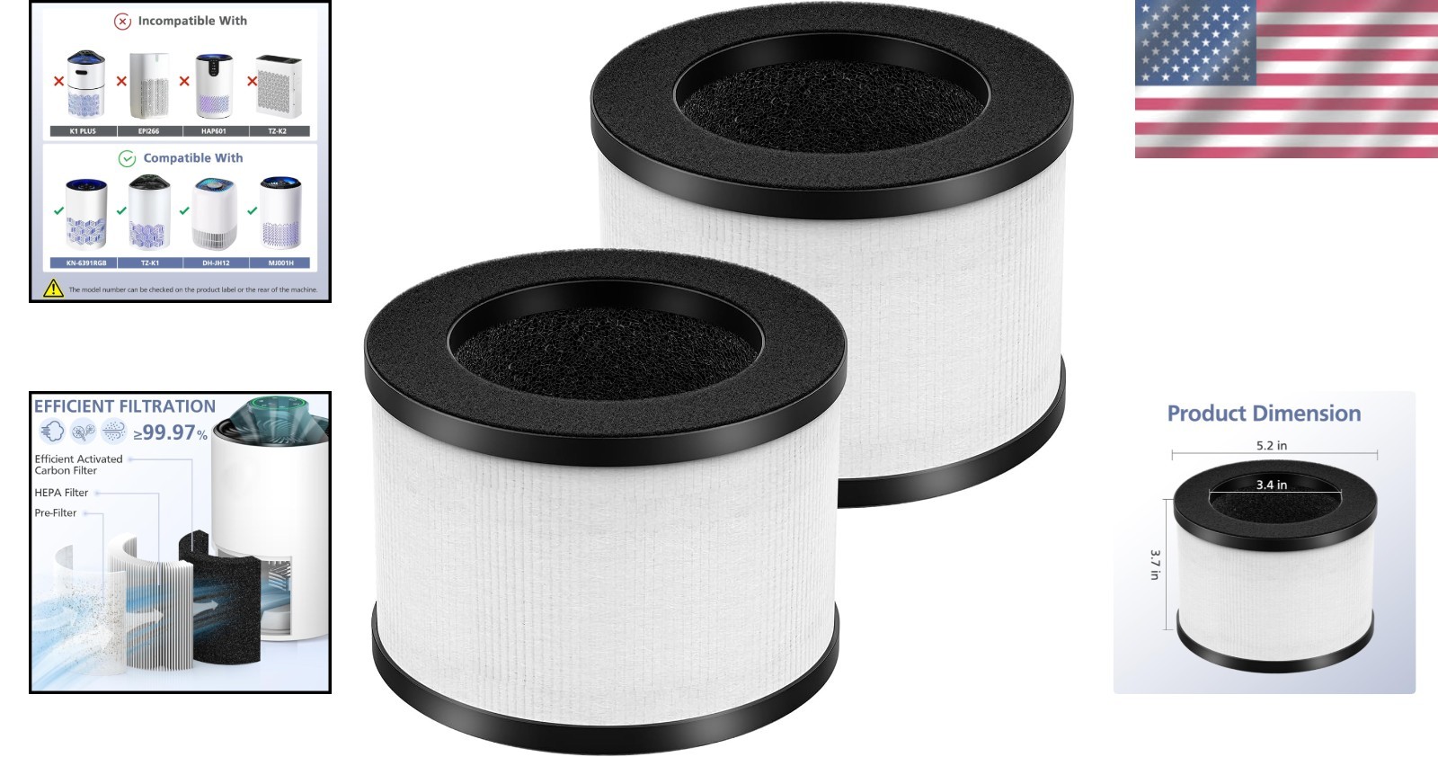 High-Performance TZ-K1 Air Purifier Filters, 2 Pack Compatible with Major Brands