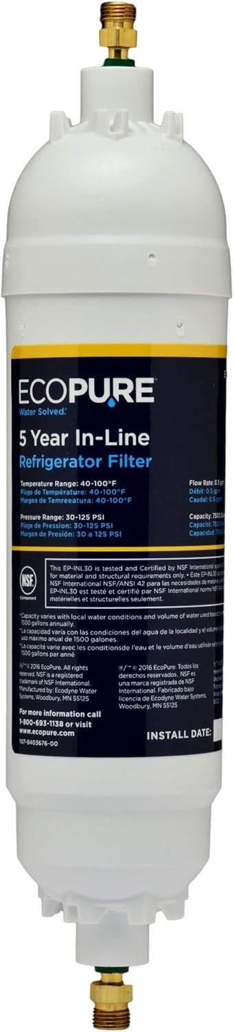Ecopure 5 Year In Line Refrigerator Water Filter Compatible With Most Brands