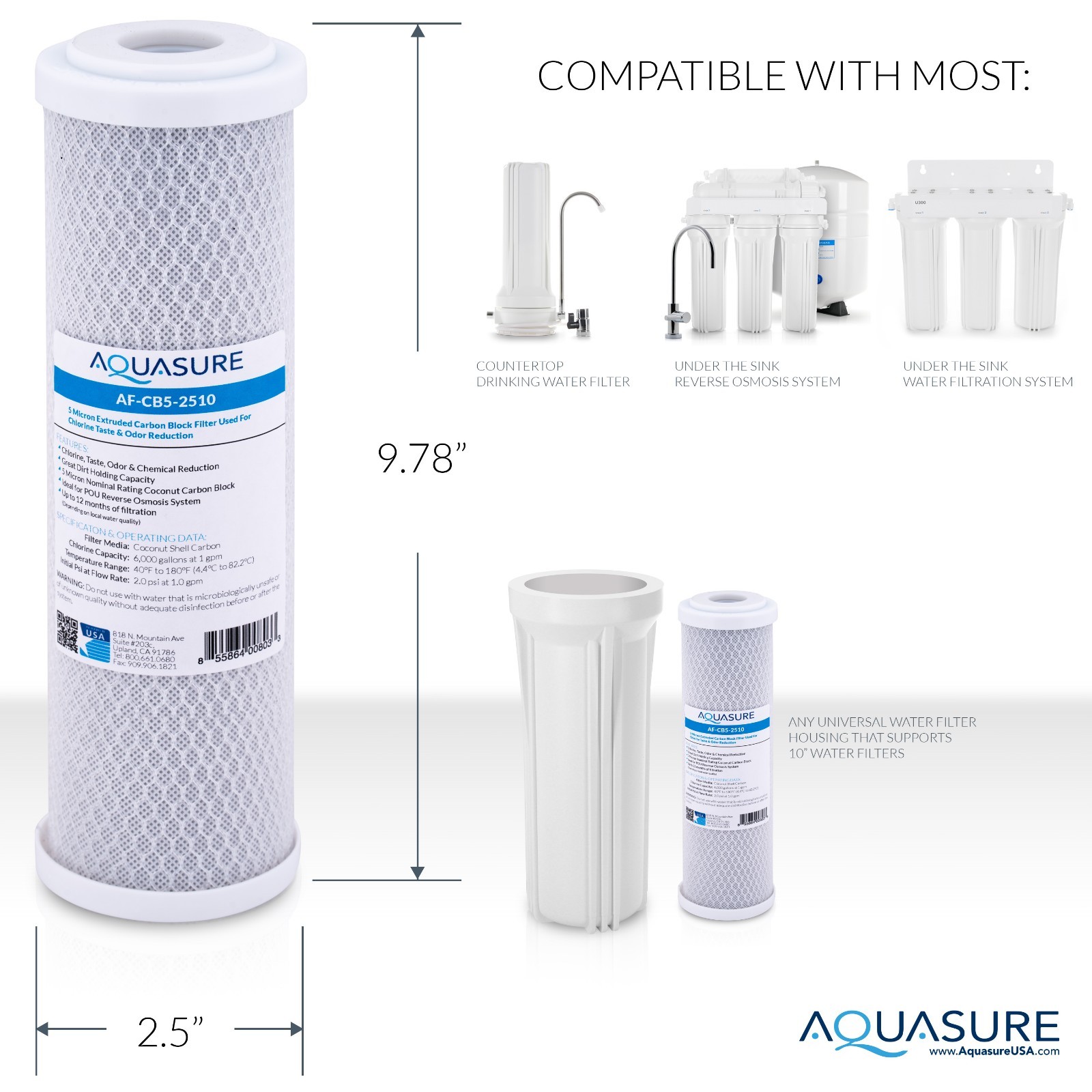 Aquasure Pioneer Series 5 Micron Coconut Shell Carbon Block Water Filter (2X)